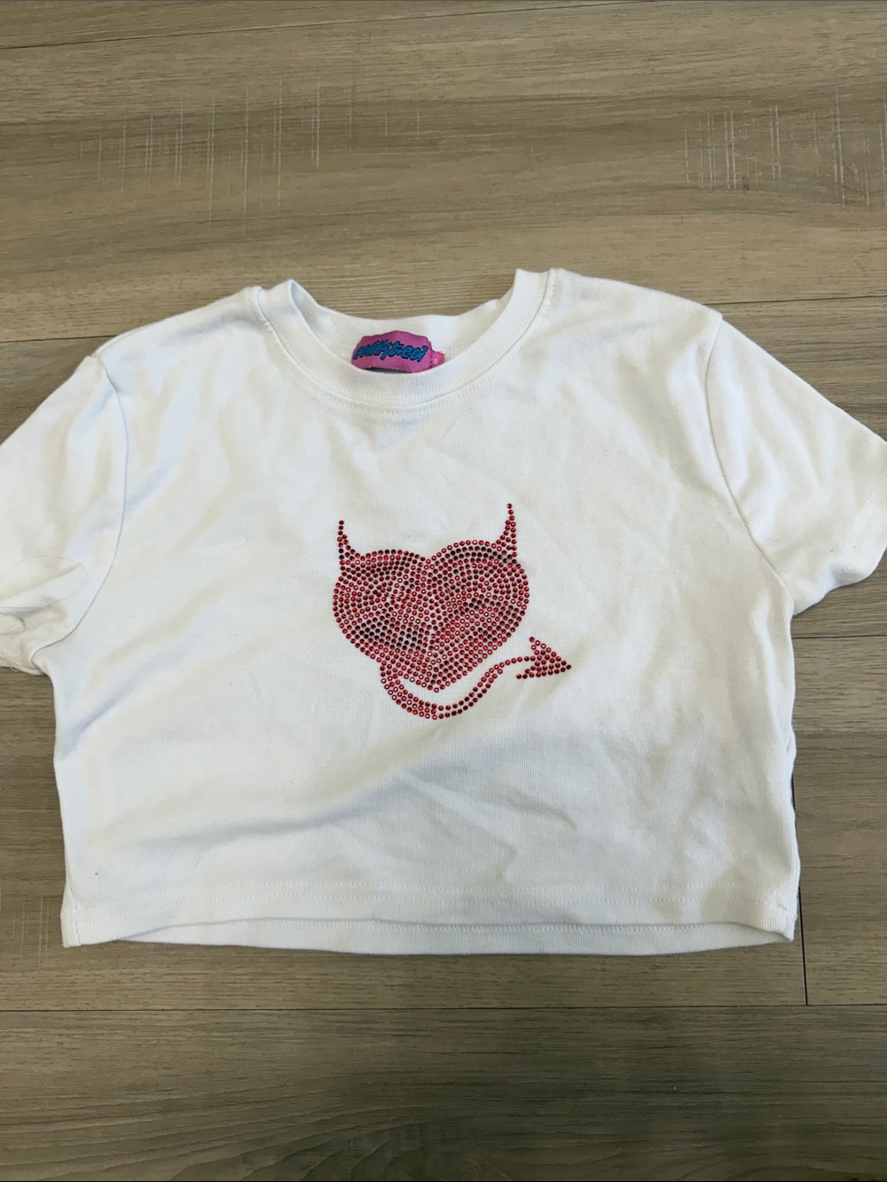 Edikted White Cropped Short Sleeve Tee with Red Heart Devil Crystal Design
